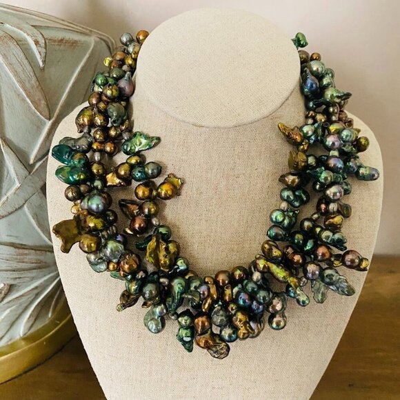 Vintage Peacock Baroque Freshwater Pearls Statement Necklace 18" - Picture 4 of 6